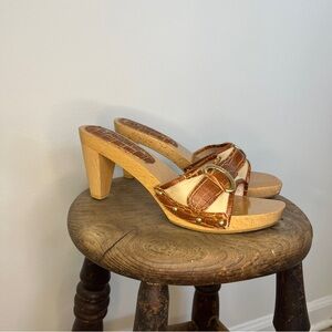 Celine Vintage Wood Block Heel Croc Mules Size 38 US 8